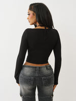 True Religion Women Skinny Fit Black Solid Top
