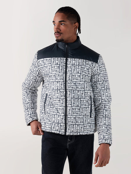 True Religion Men Navy Blue Printed Regular Fit Puffer Jacket