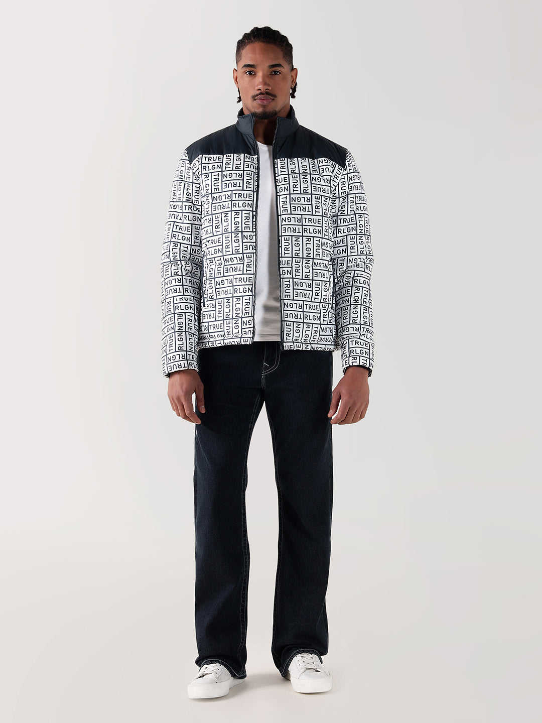 True Religion Men Navy Blue Printed Regular Fit Puffer Jacket