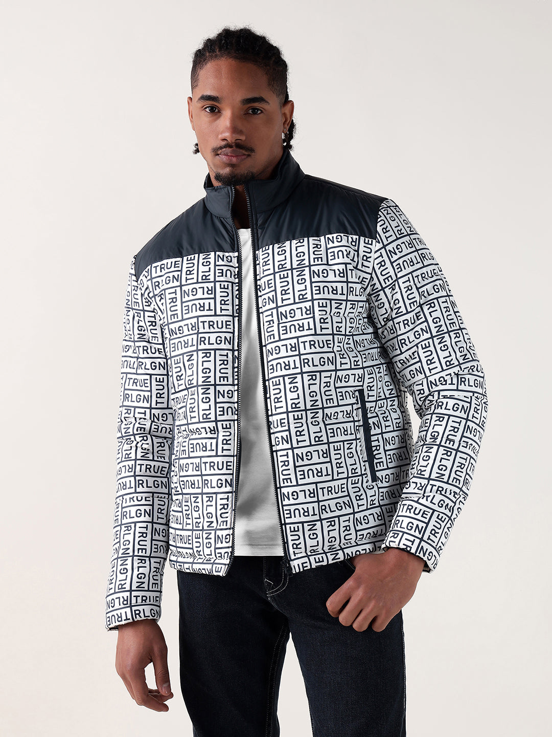True Religion Men Navy Blue Printed Regular Fit Puffer Jacket