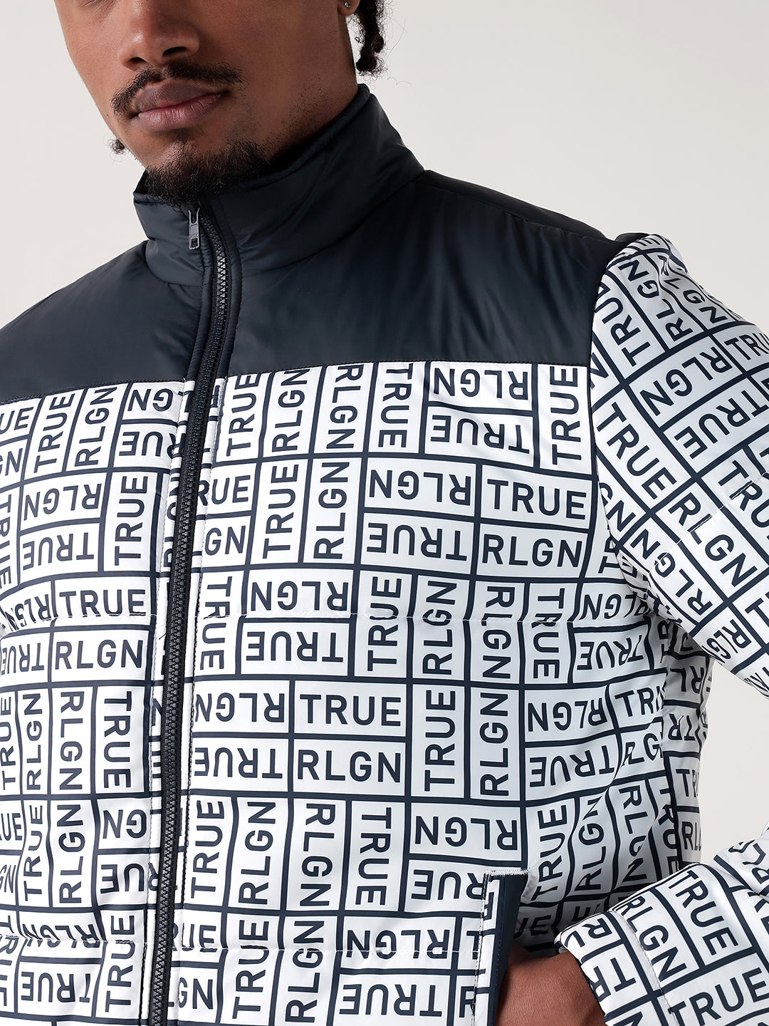 True Religion Men Navy Blue Printed Regular Fit Puffer Jacket