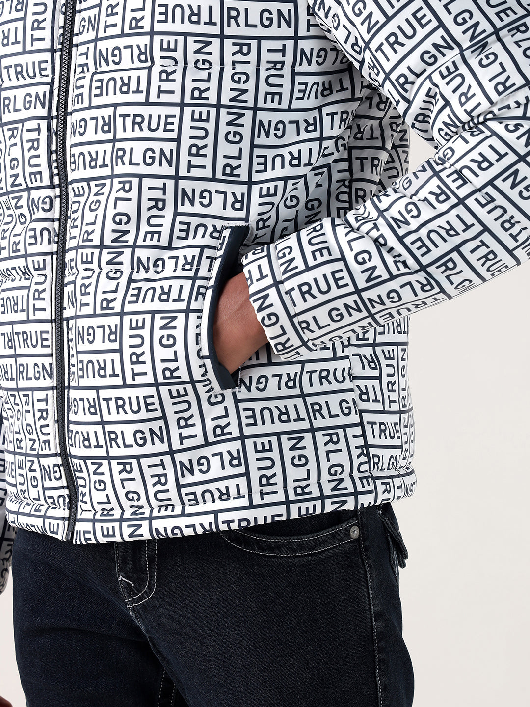 True Religion Men Navy Blue Printed Regular Fit Puffer Jacket