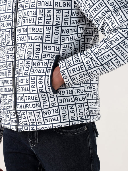 True Religion Men Navy Blue Printed Regular Fit Puffer Jacket