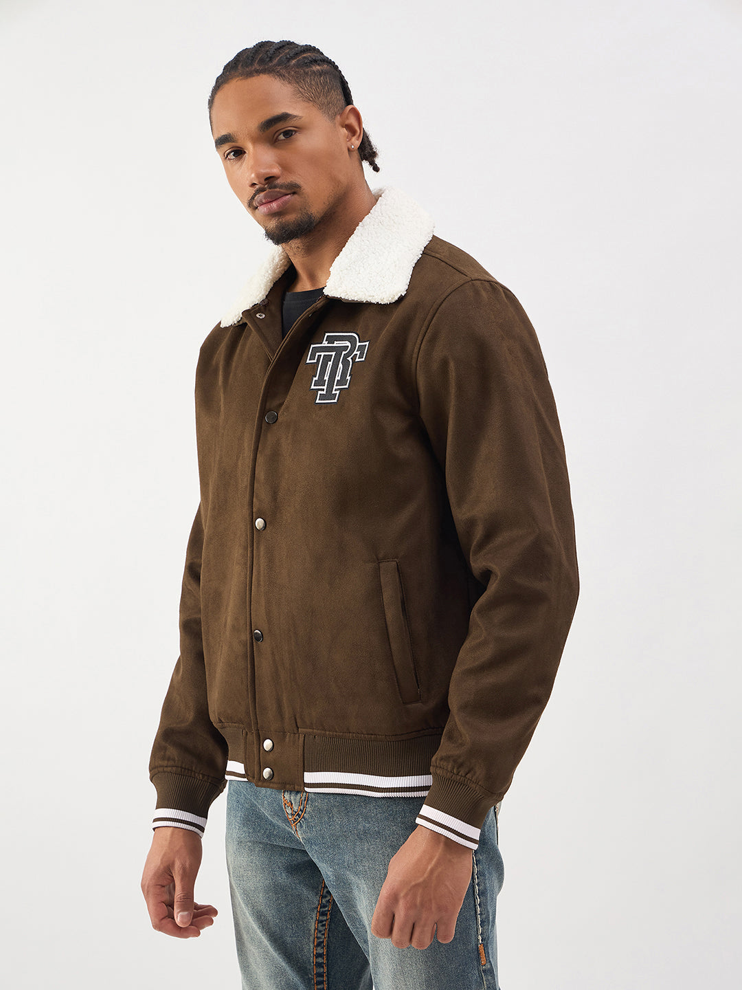 Men brown regular fit suede jacket