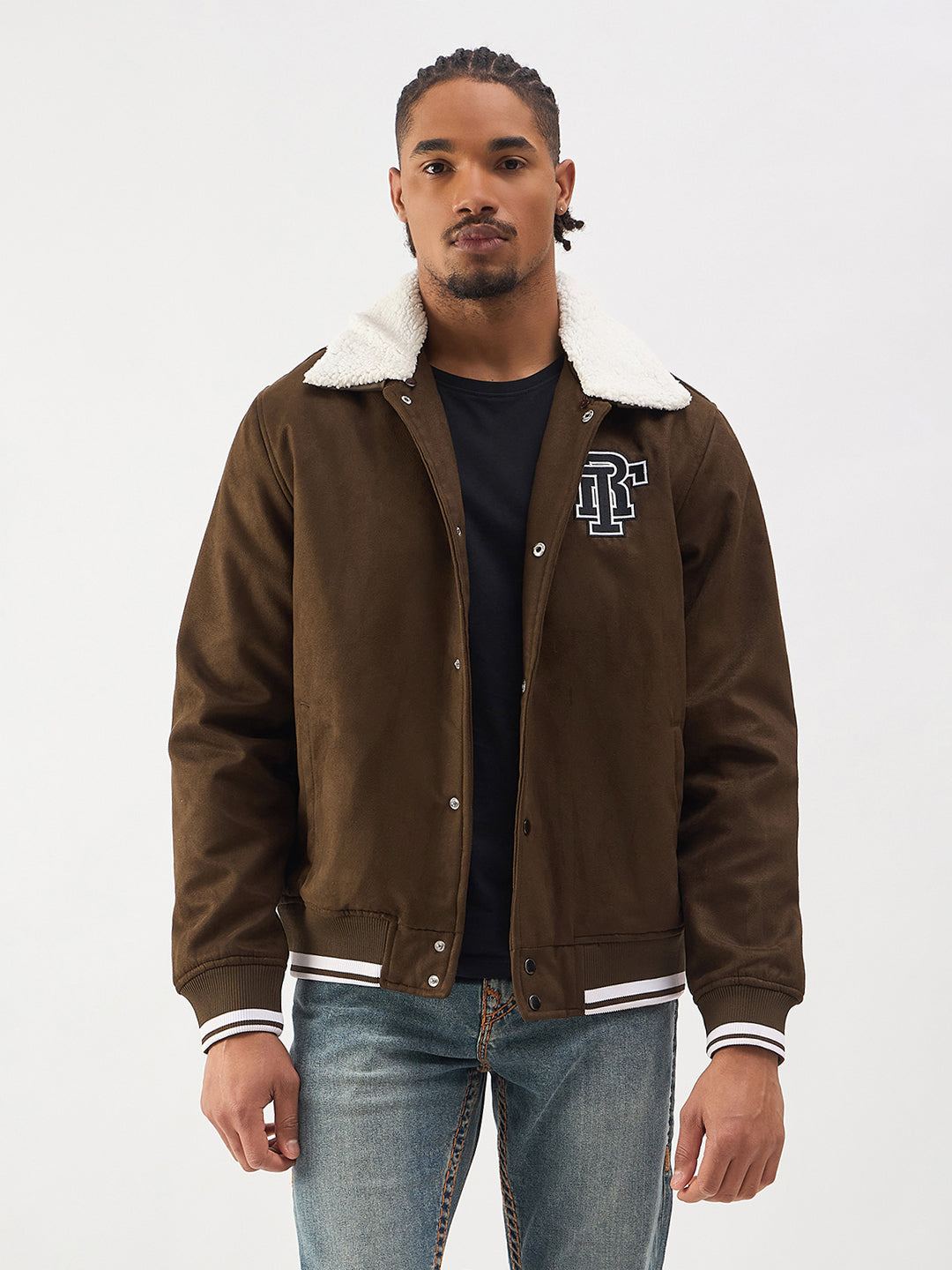 Men brown regular fit suede jacket
