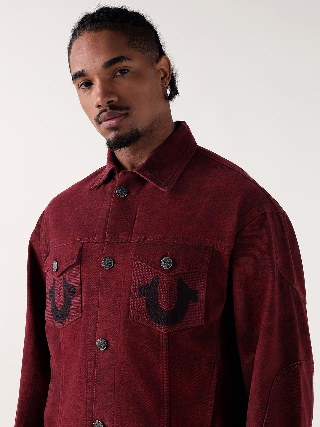 True Religion Men Maroon Relaxed Fit Denim Jacket