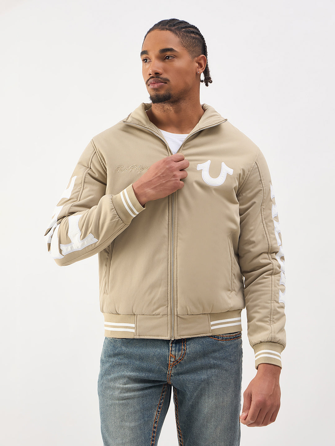 Men beige high neck jacket