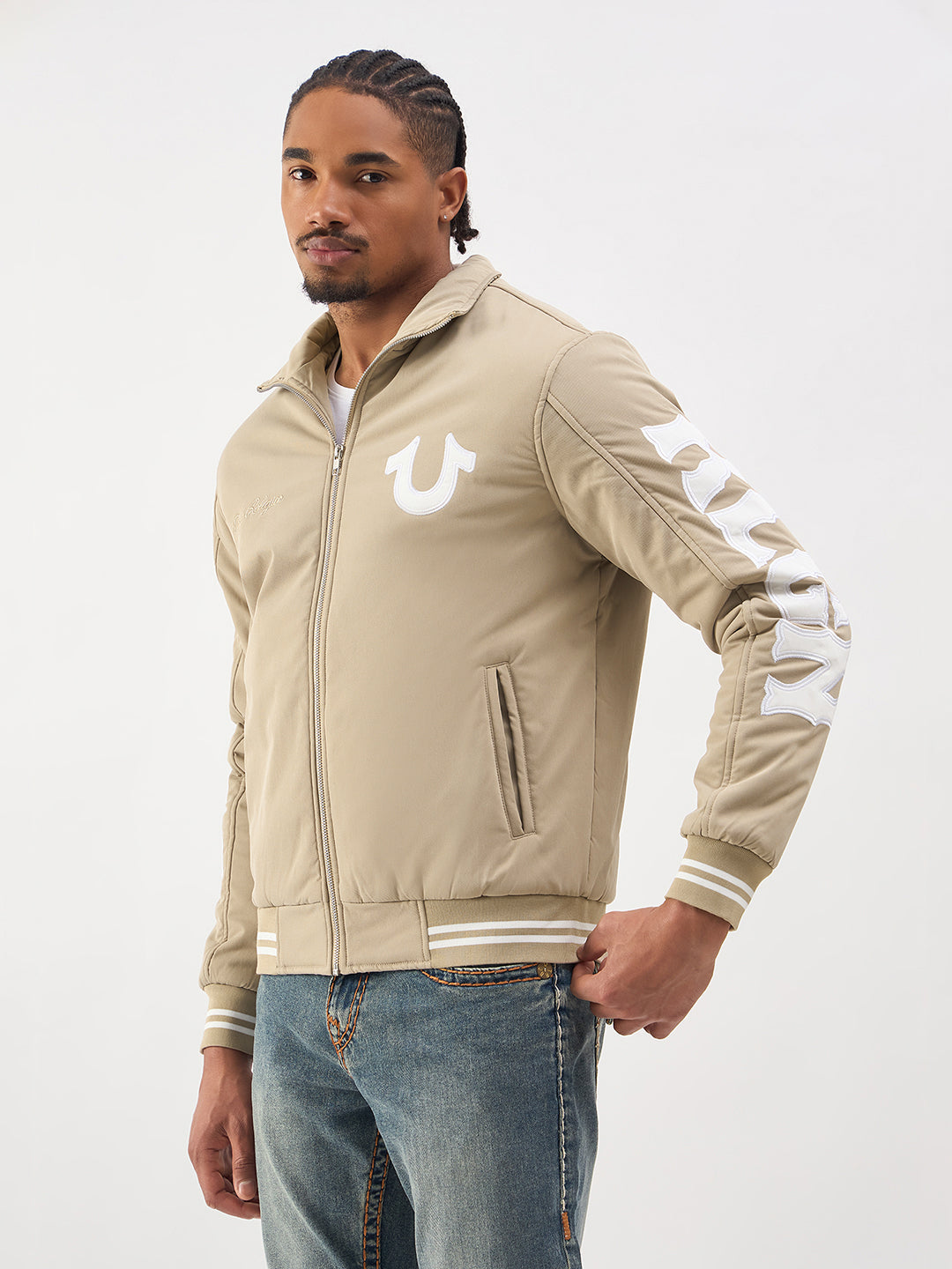 Men beige high neck jacket
