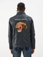 TRUE RELIGION Men Blue Embroidered Leather Jacket