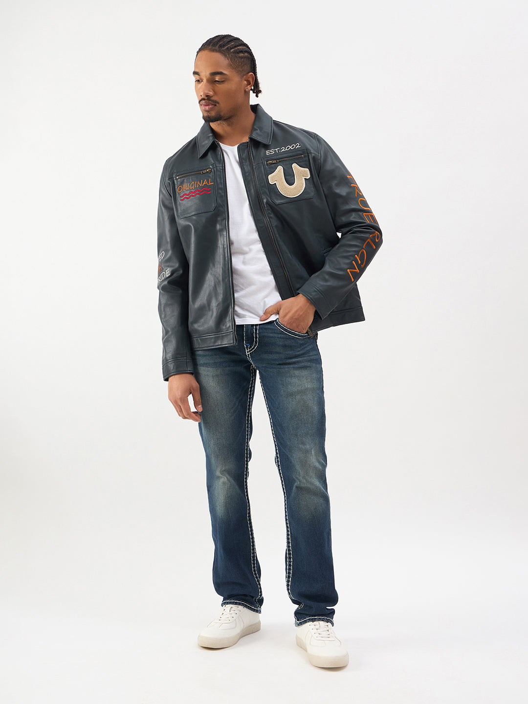 TRUE RELIGION Men Blue Embroidered Leather Jacket