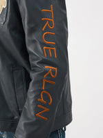 TRUE RELIGION Men Blue Embroidered Leather Jacket