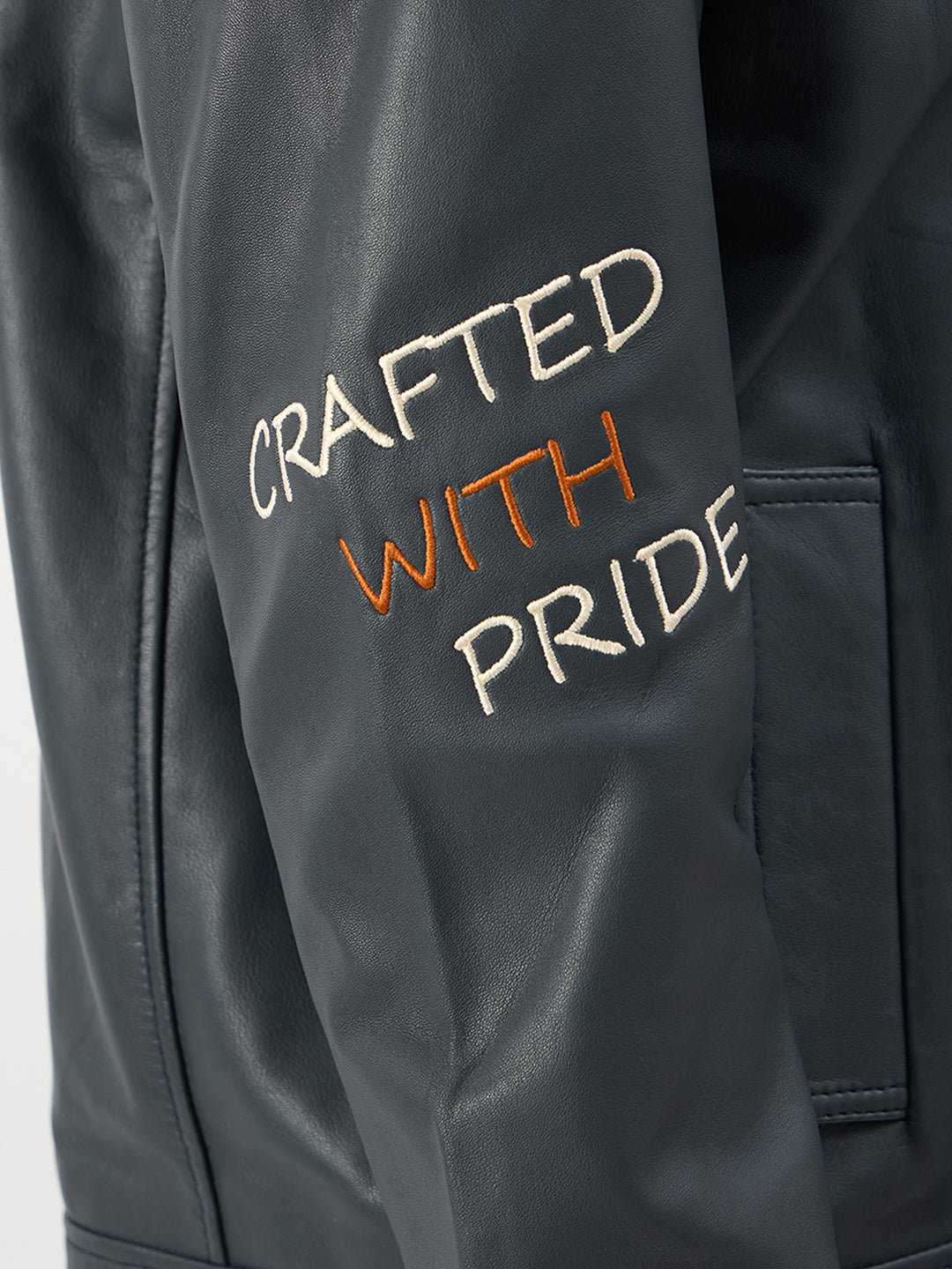 TRUE RELIGION Men Blue Embroidered Leather Jacket