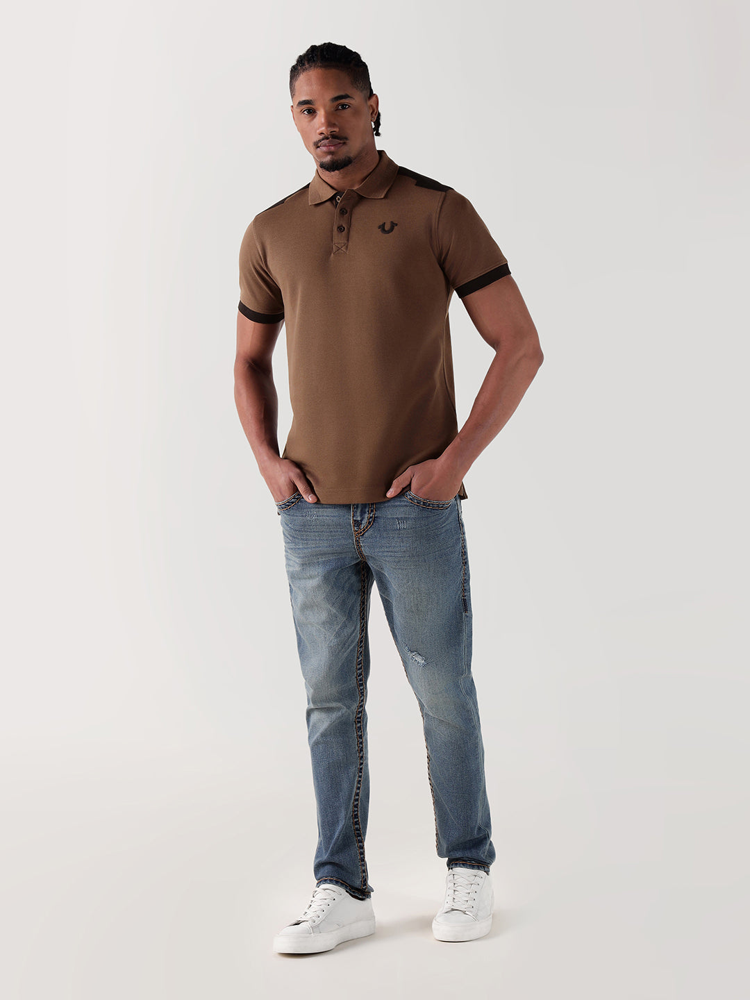 TRUE RELIGION Men Brown Logo Regular Fit Polo T-Shirt