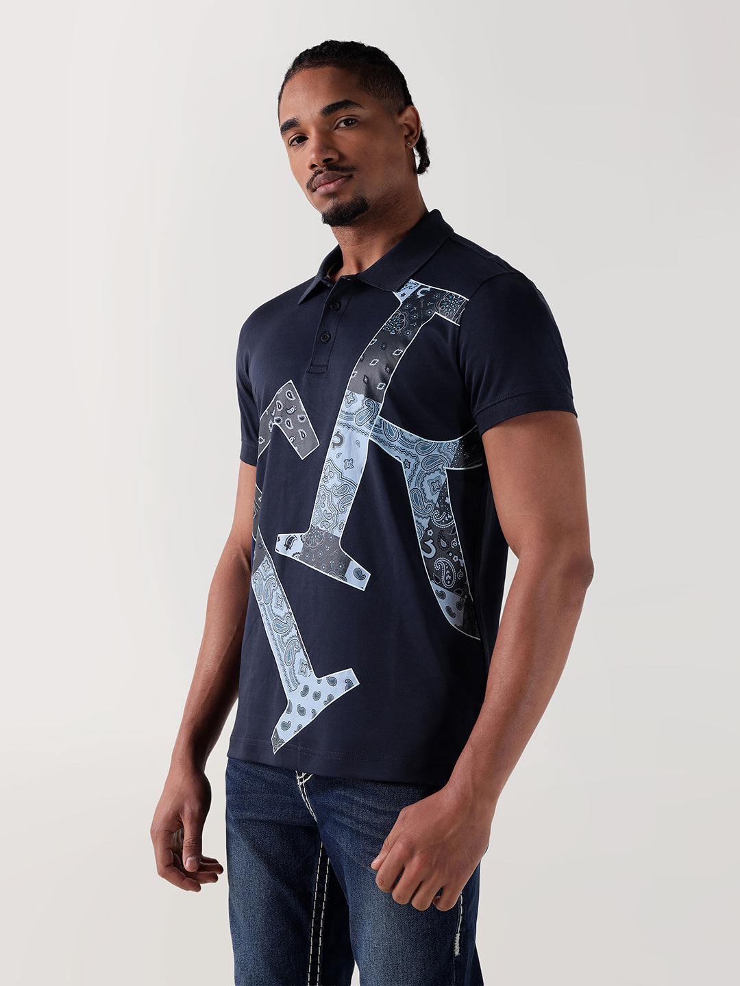 Men navy blue printed regular fit polo t-shirt