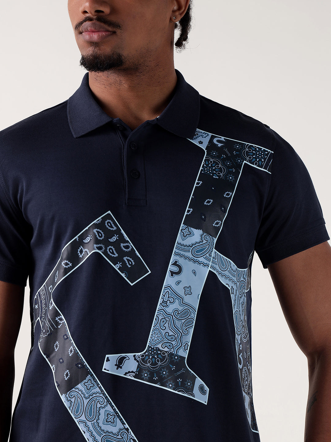 Men navy blue printed regular fit polo t-shirt