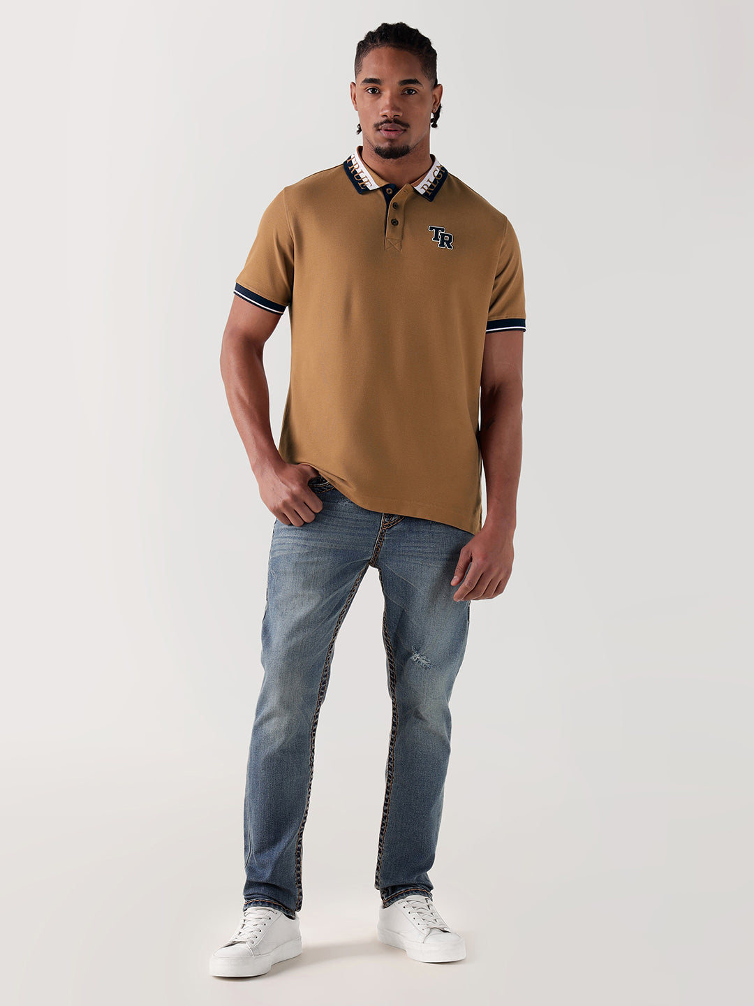 TRUE RELIGION Men Beige Logo Regular Fit Polo T-Shirt