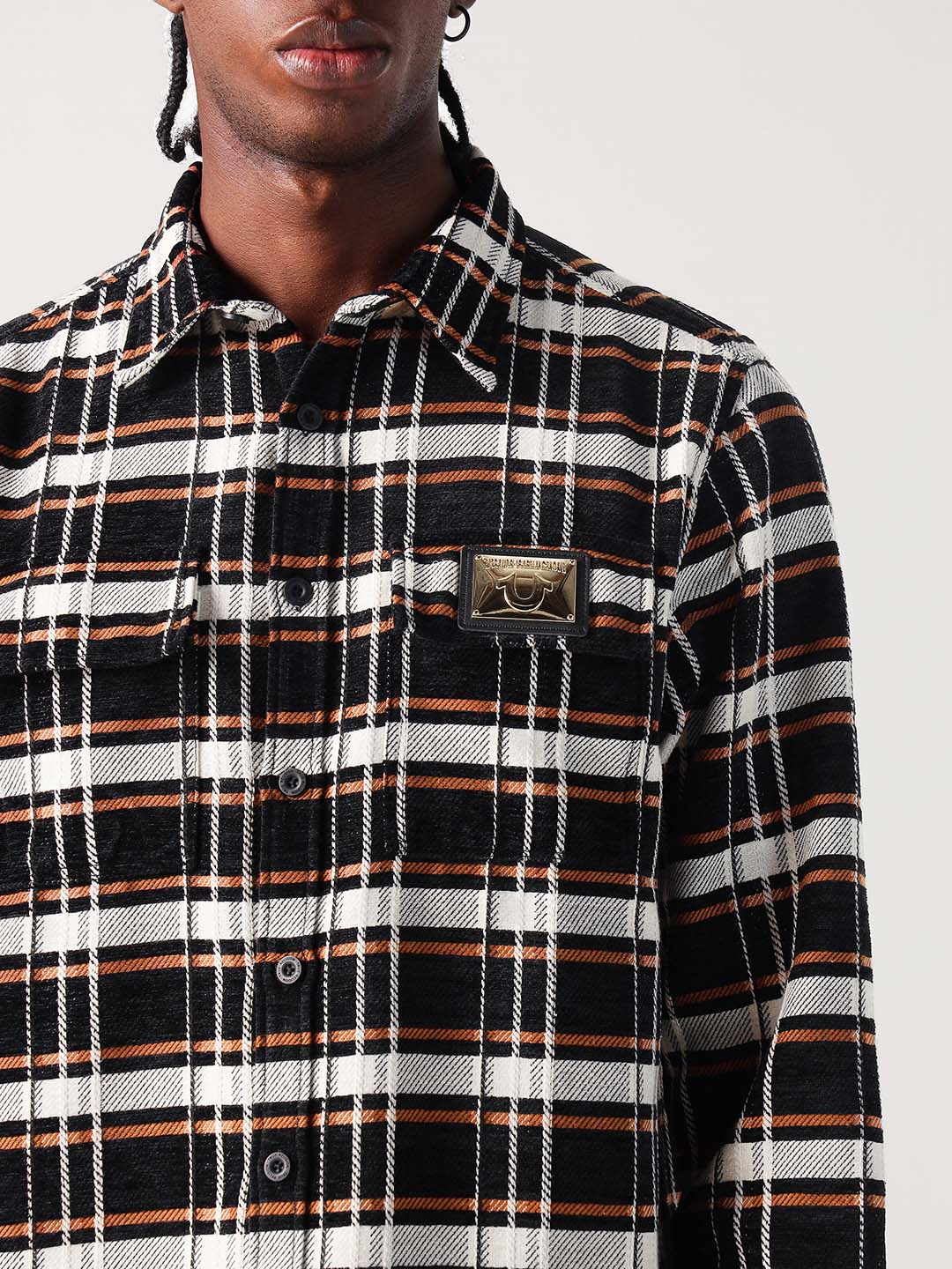 True Religion Men Black Checks Collar Shirt