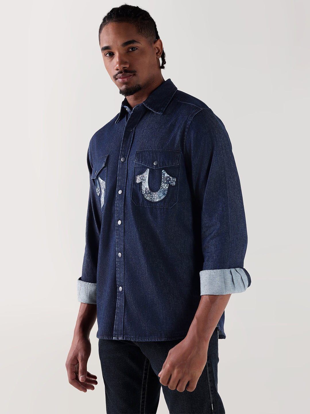 True Religion Men Navy Blue Regular Fit Shirt