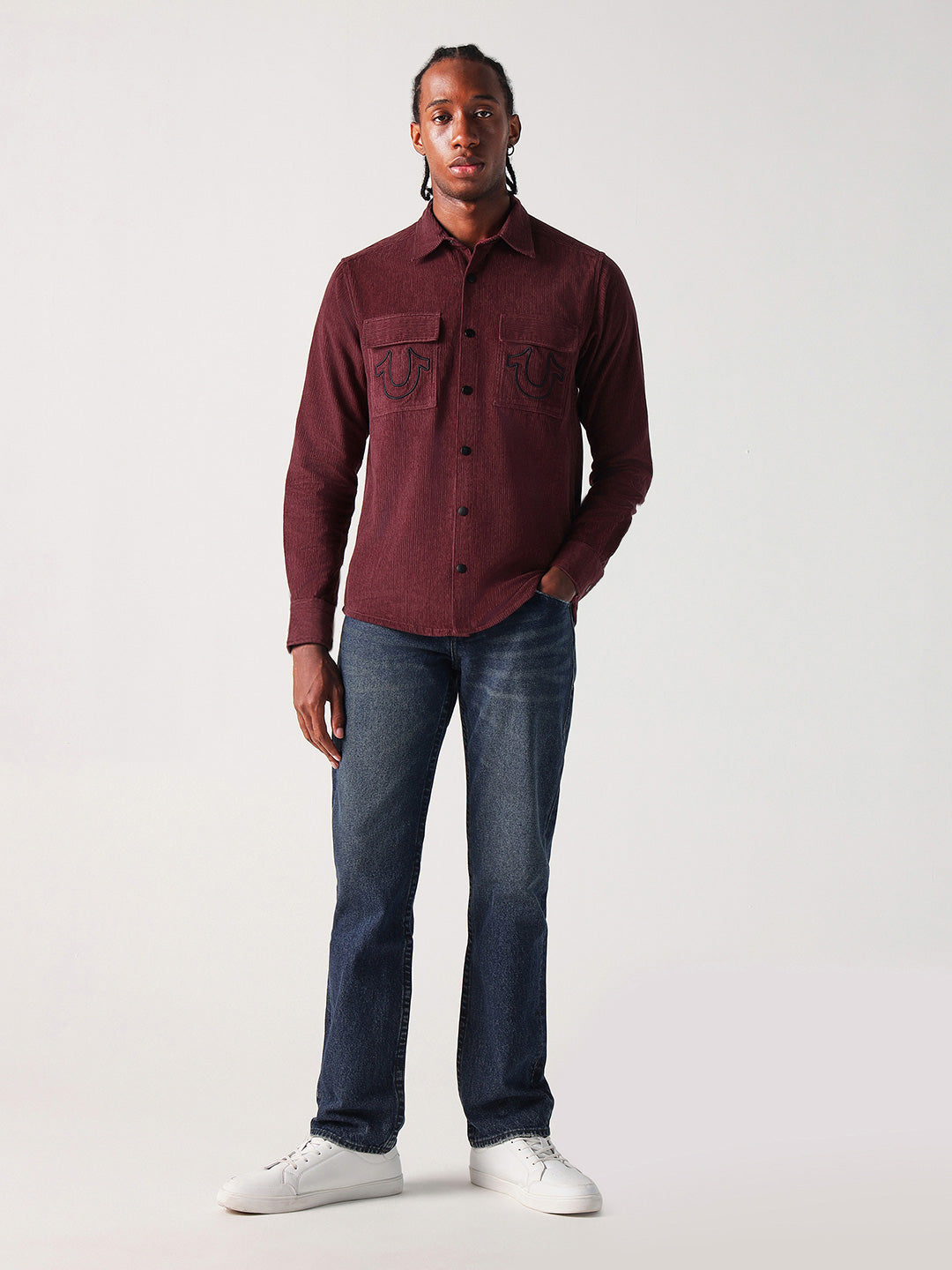Men red solid collar shirt