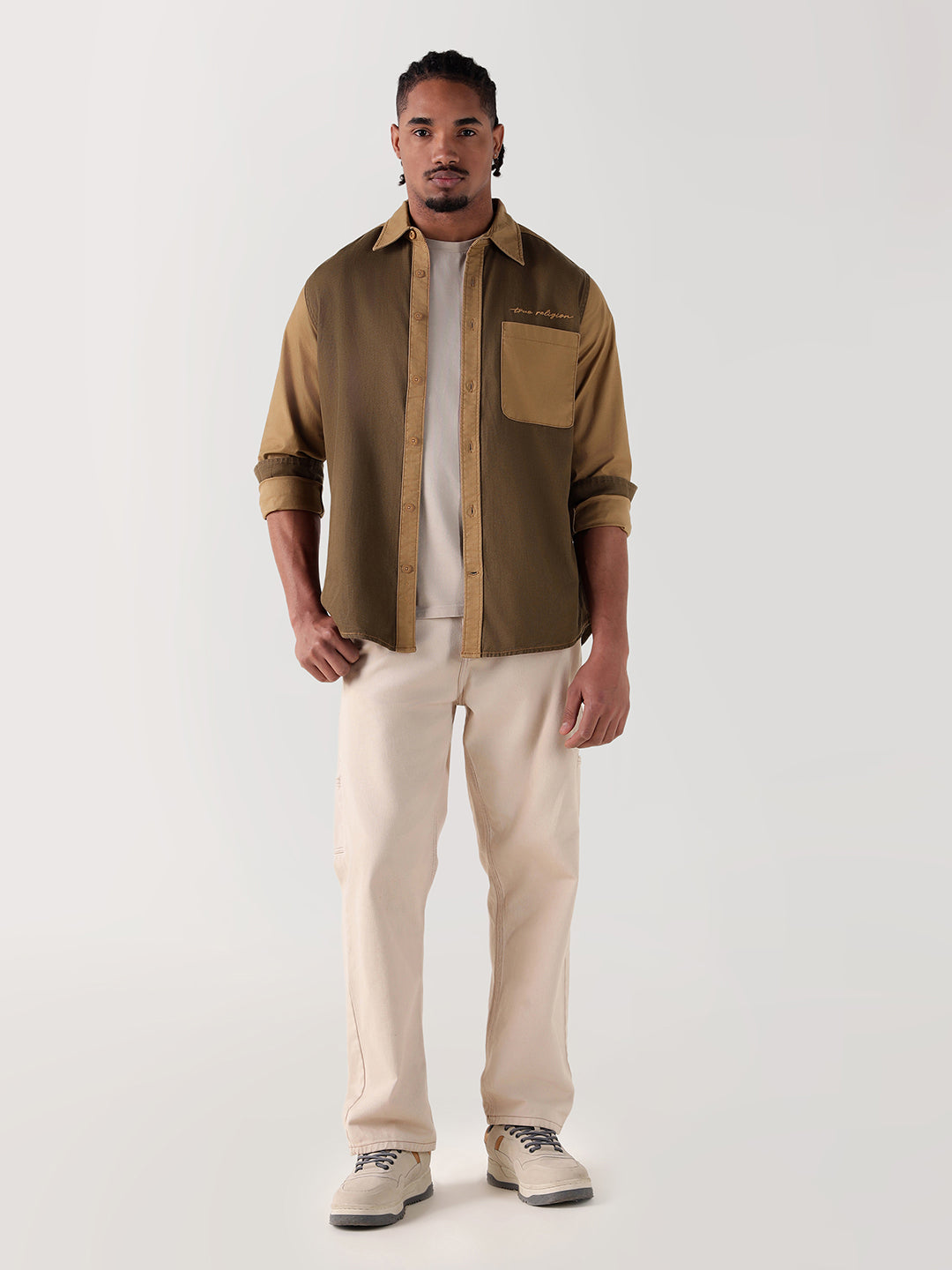 Men brown color blocked regular fit shirt