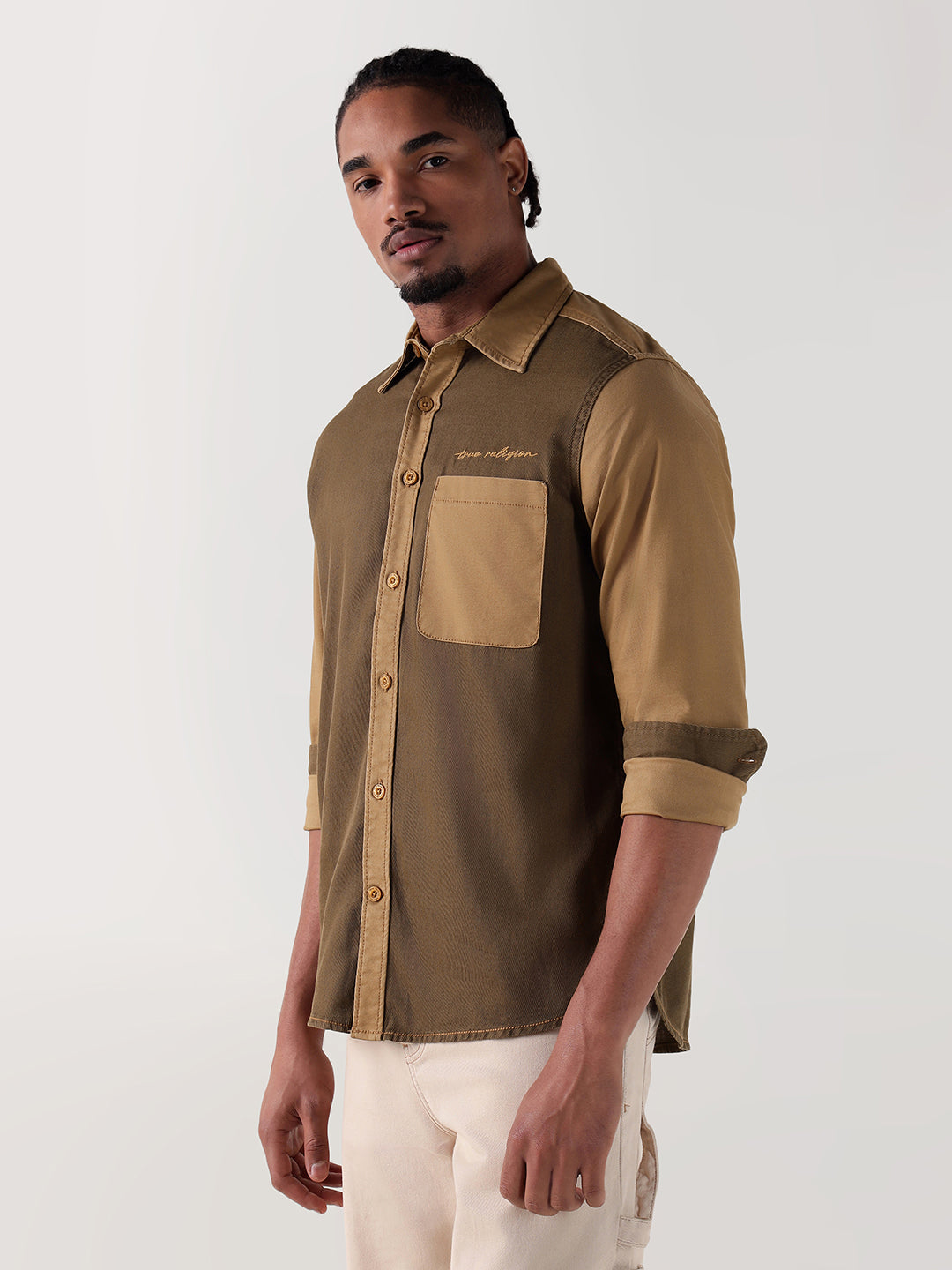 TRUE RELIGION Men Brown Color Blocked Regular Fit Shirt
