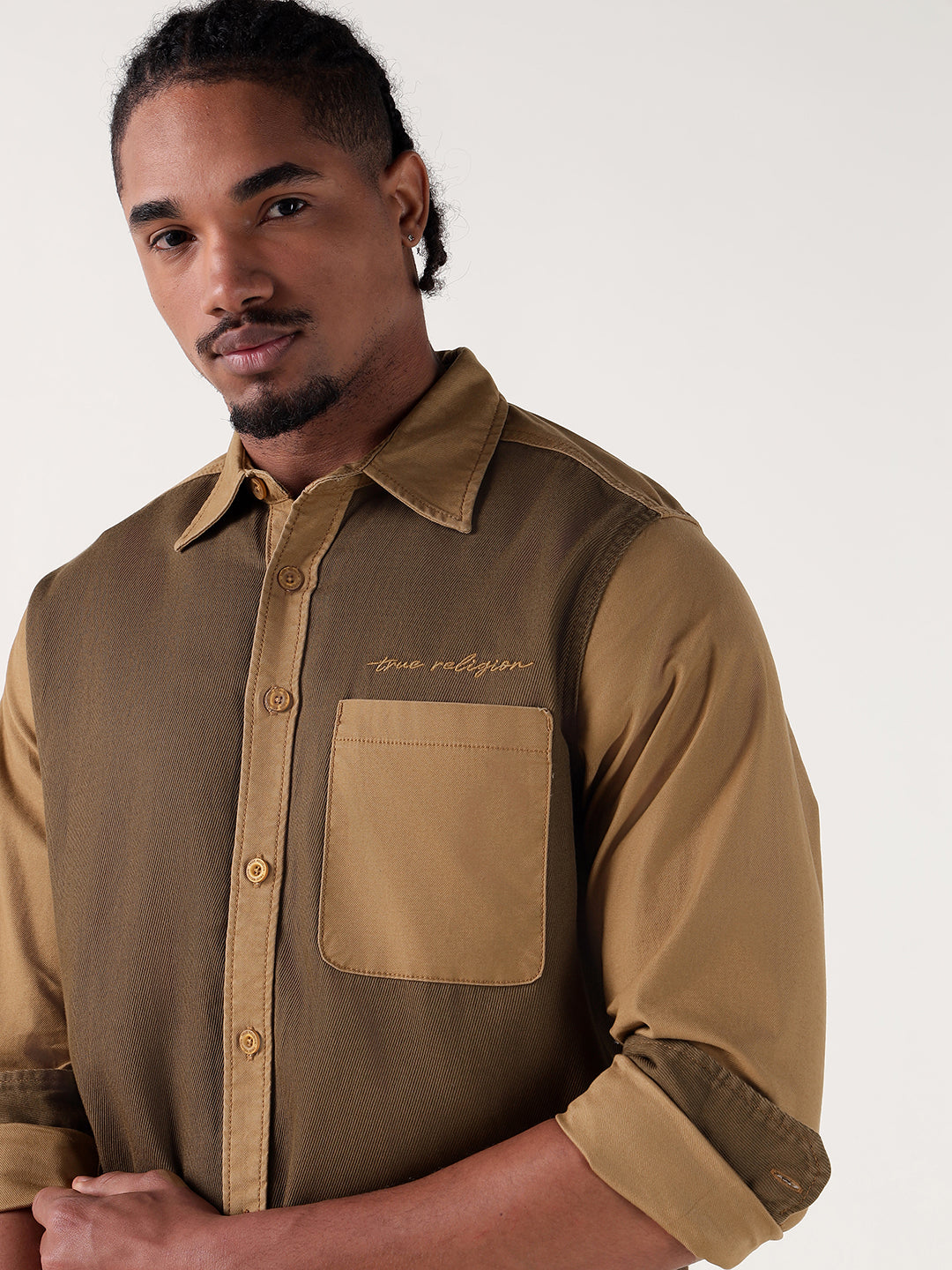 Men brown color blocked regular fit shirt