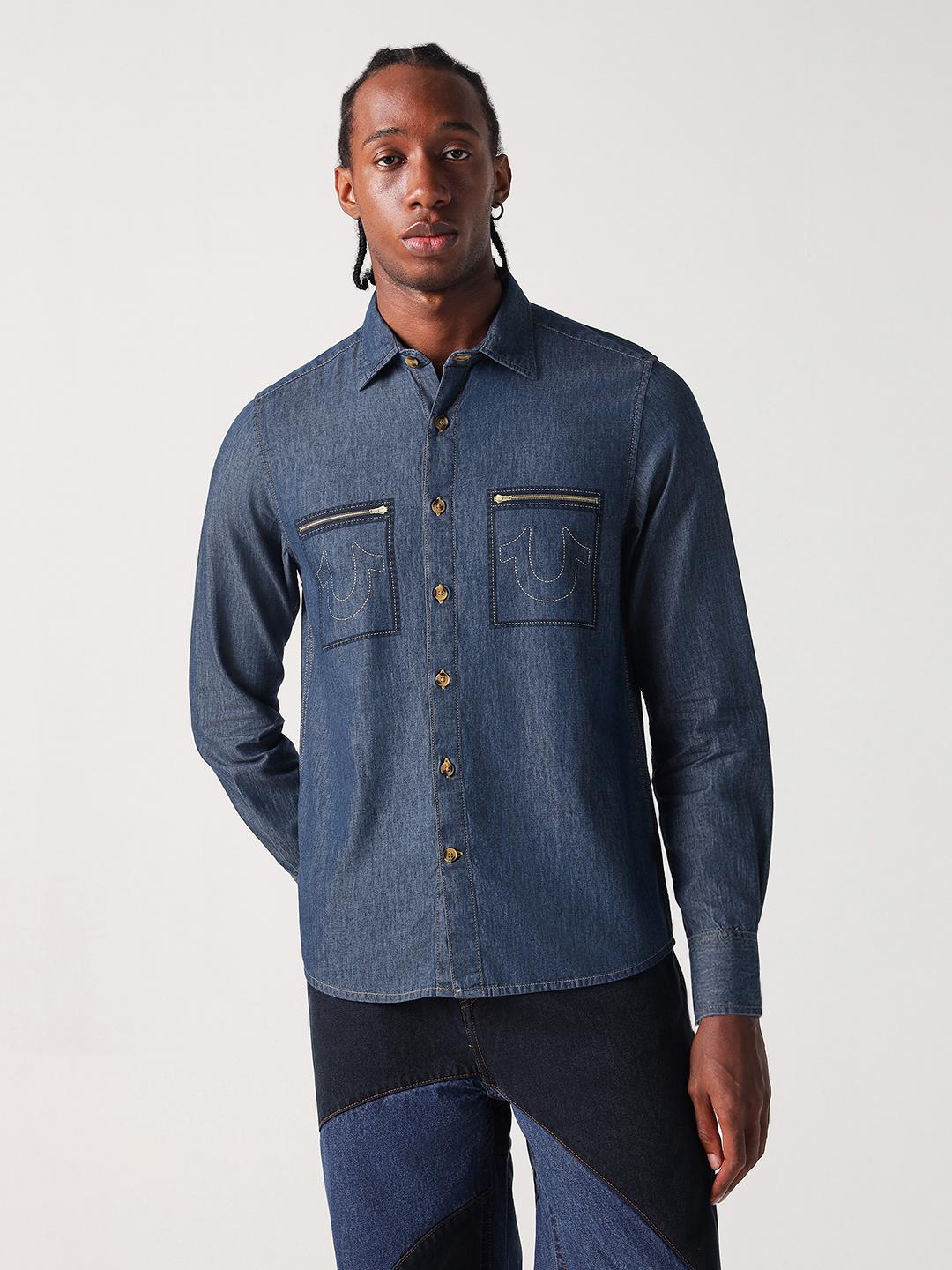 Men blue solid collar shirt