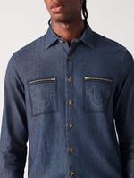 True Religion Men Blue Solid Collar Shirt