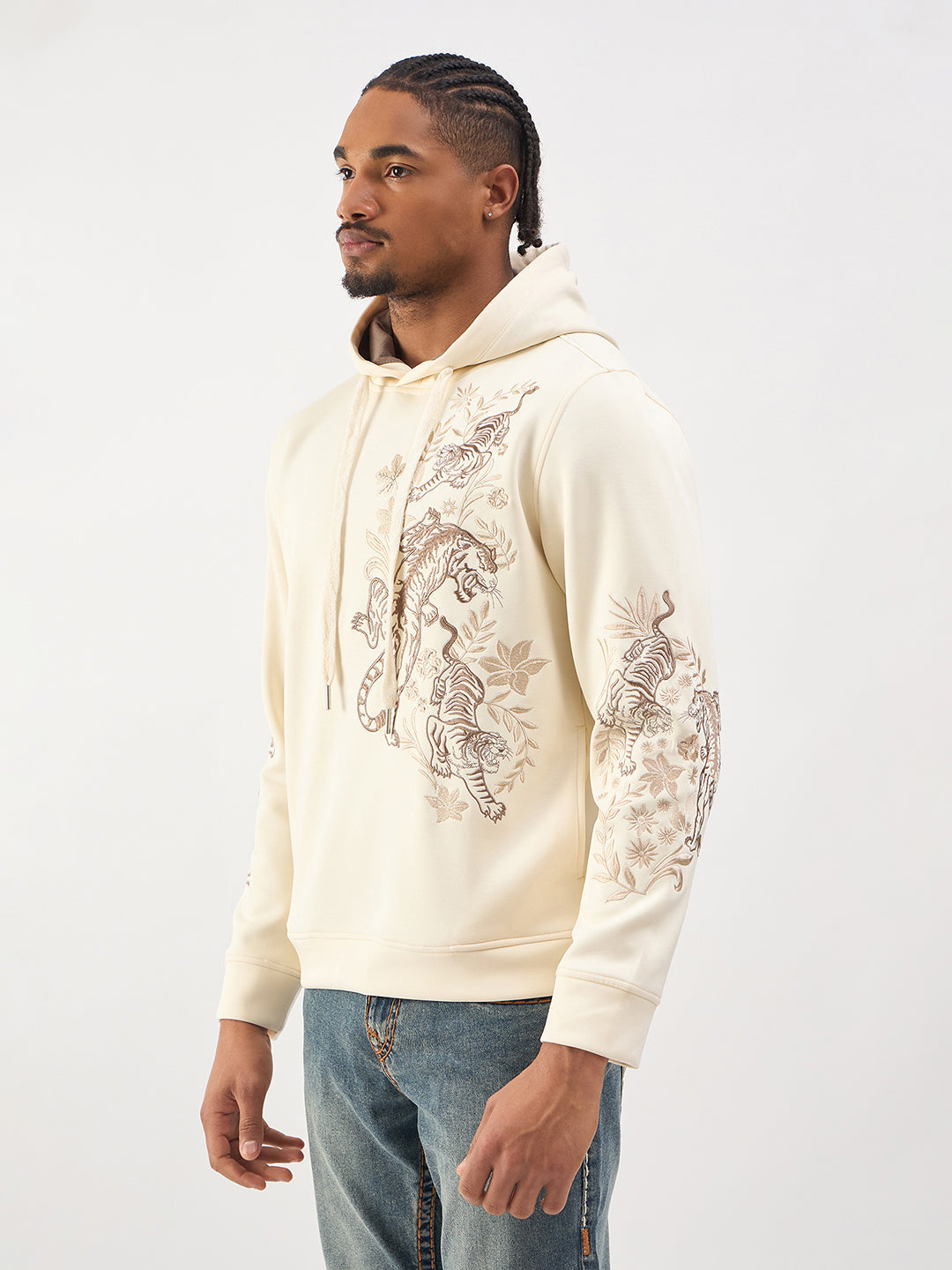 TRUE RELIGION Men Cream Embroidered Regular Fit Hooded Sweatshirt