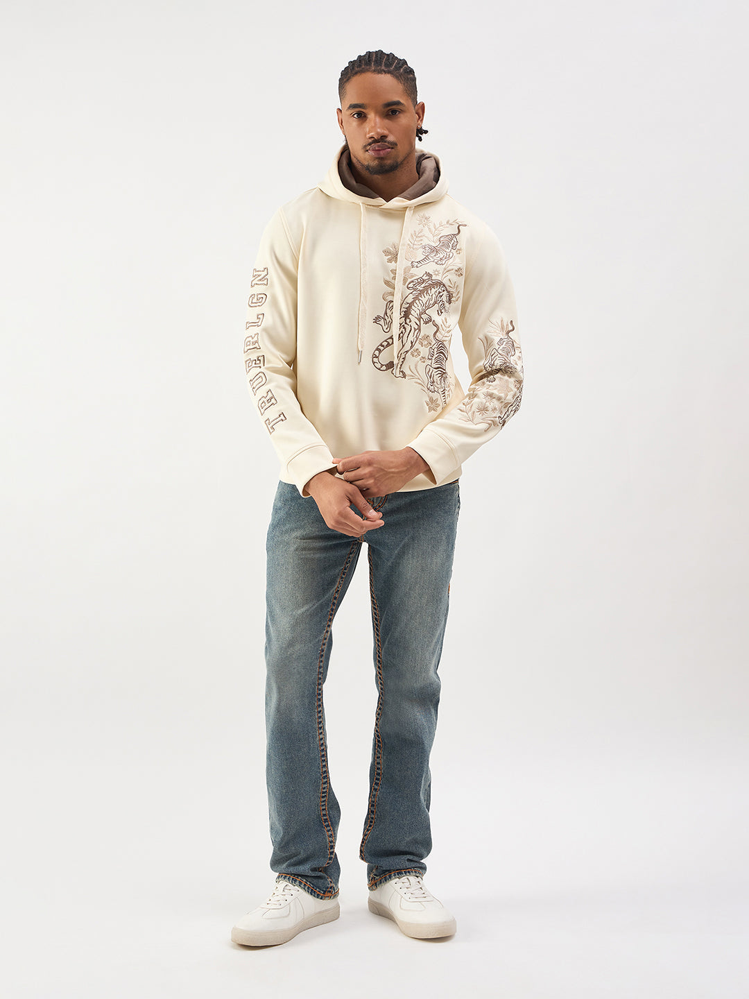 Men cream embroidered regular fit hooded sweatshirt