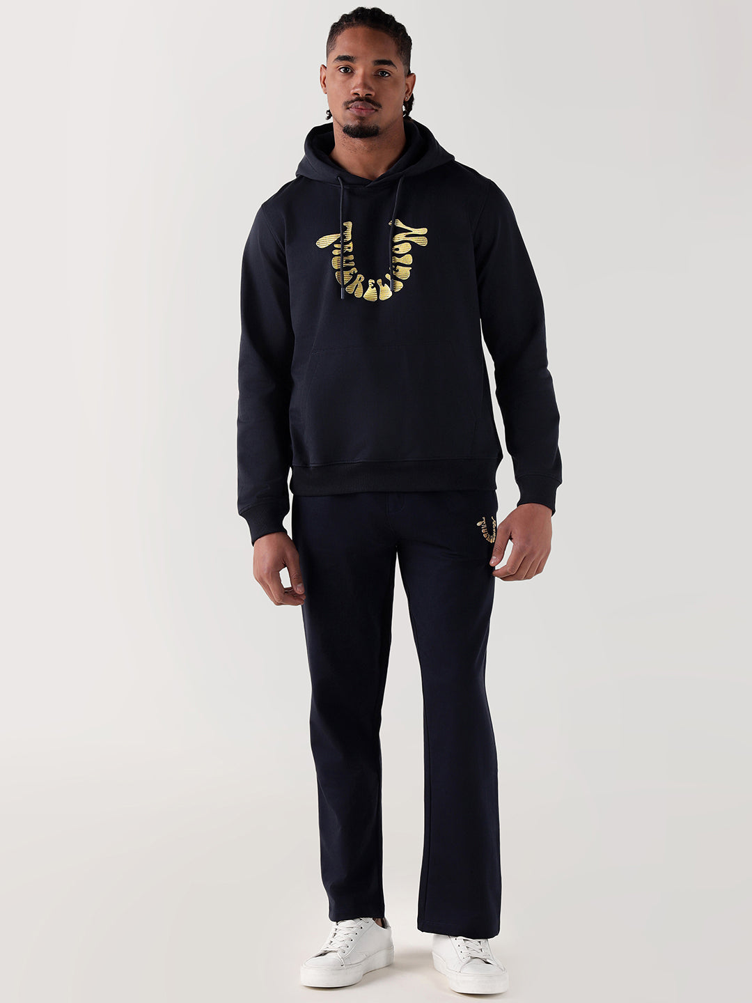 Men navy blue branded artwork regular fit hoodie