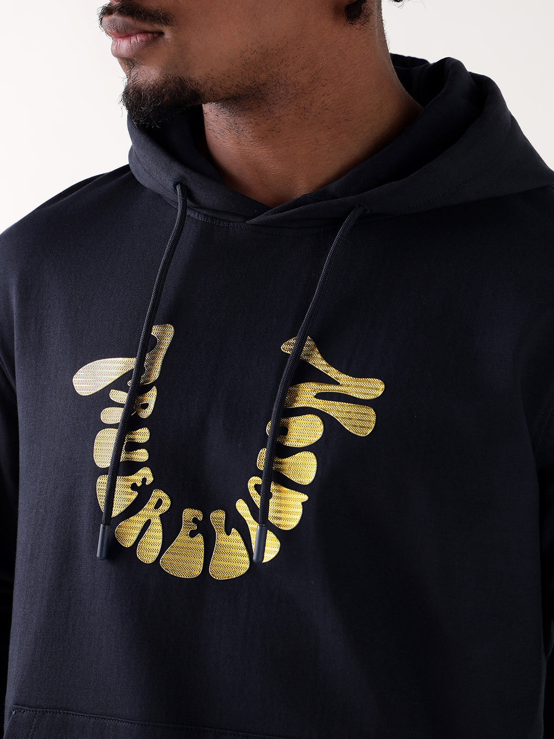 Men navy blue branded artwork regular fit hoodie
