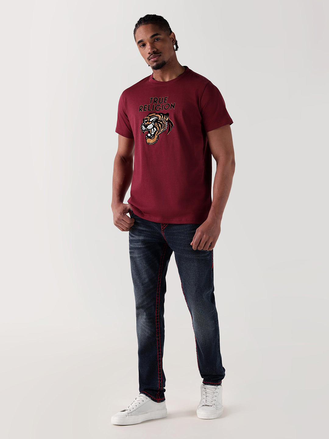 TRUE RELIGION Men Maroon Logo Round Neck Regular Fit T Shirt