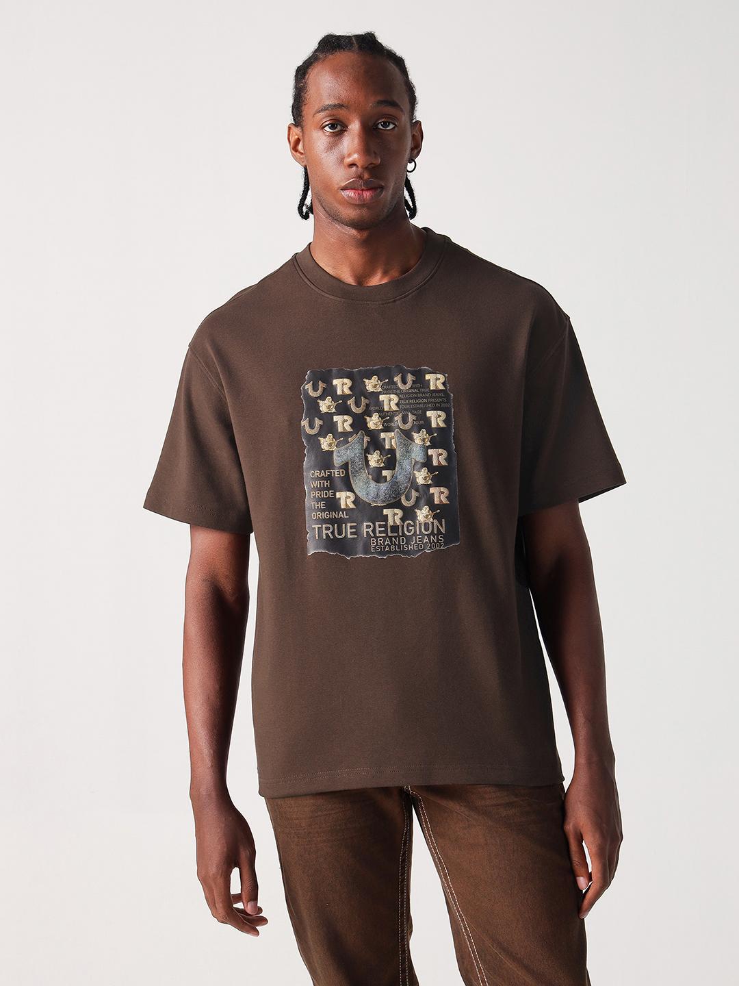 Men brown graphic round neck tshirt