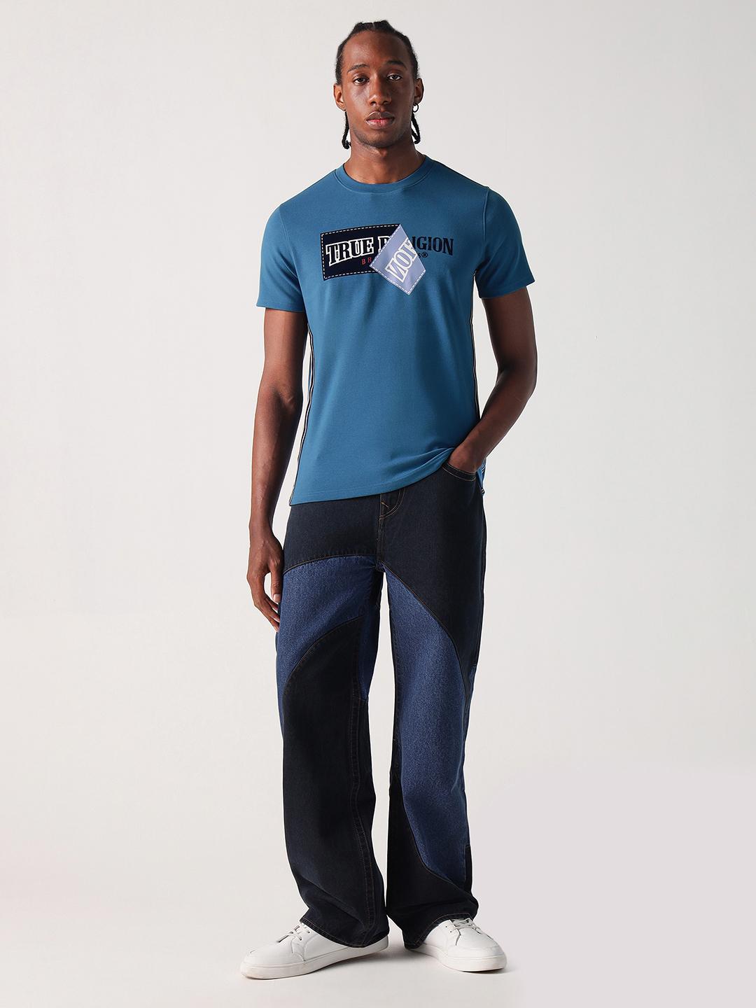 Men blue graphic round neck tshirt