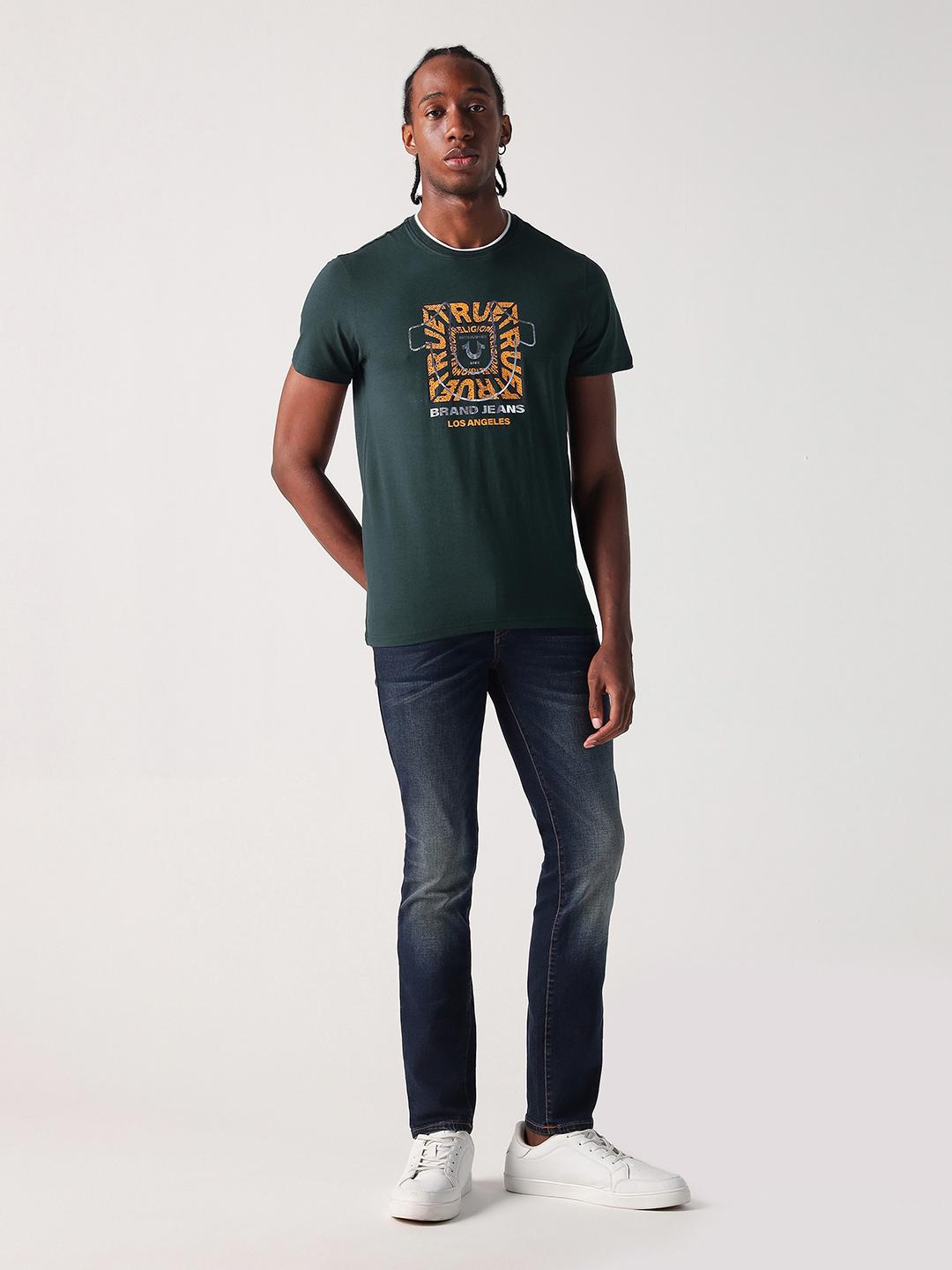 True Religion Men Green Solid Round Neck Tshirt