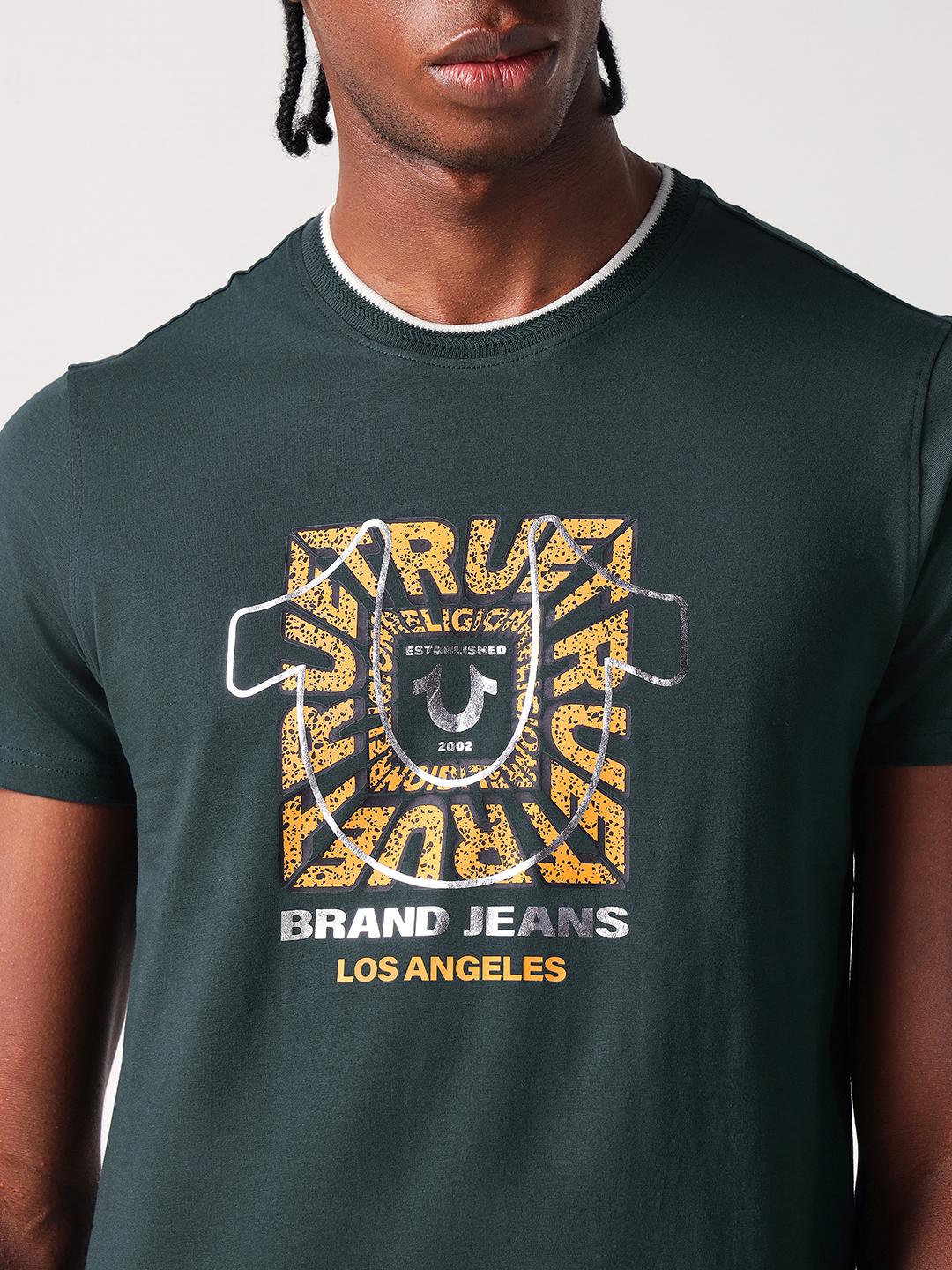 Men green solid round neck tshirt