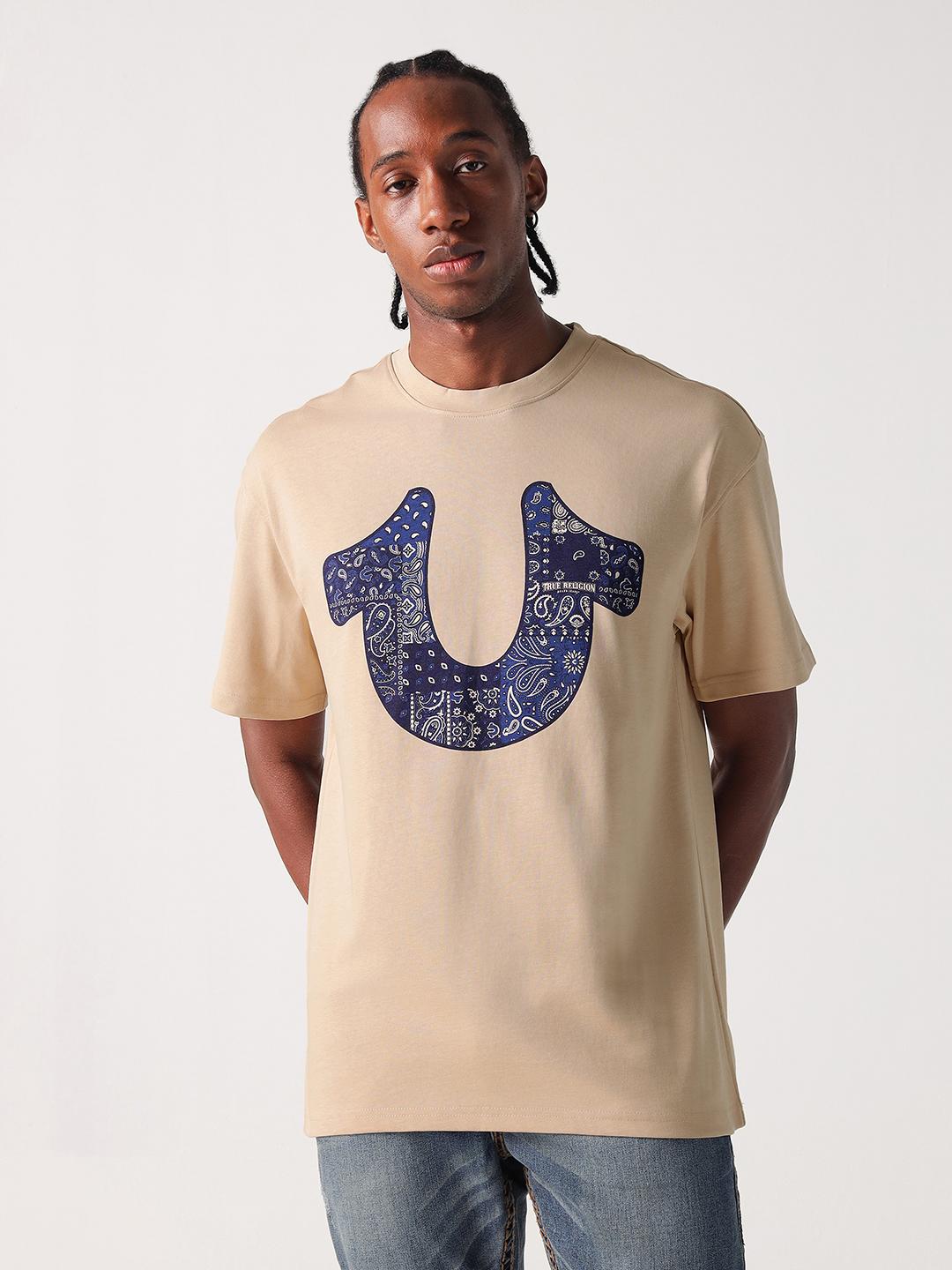 Men beige graphic round neck tshirt