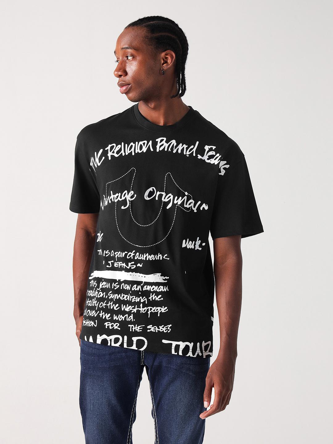 Men black printed round neck tshirt