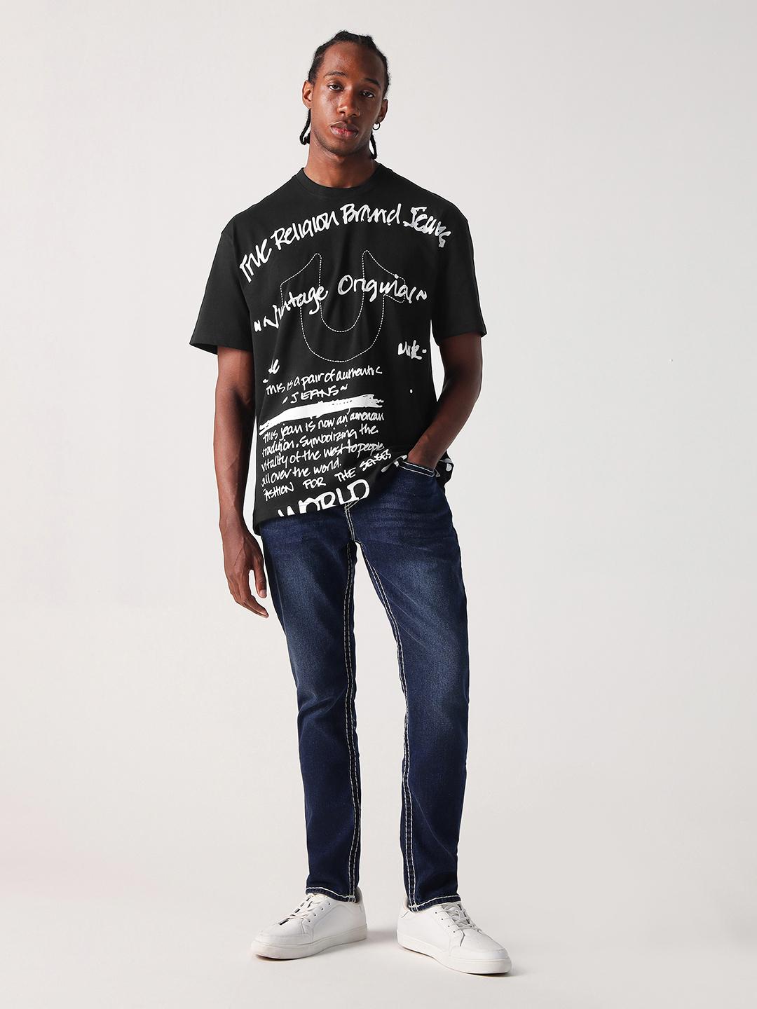 Men black printed round neck tshirt