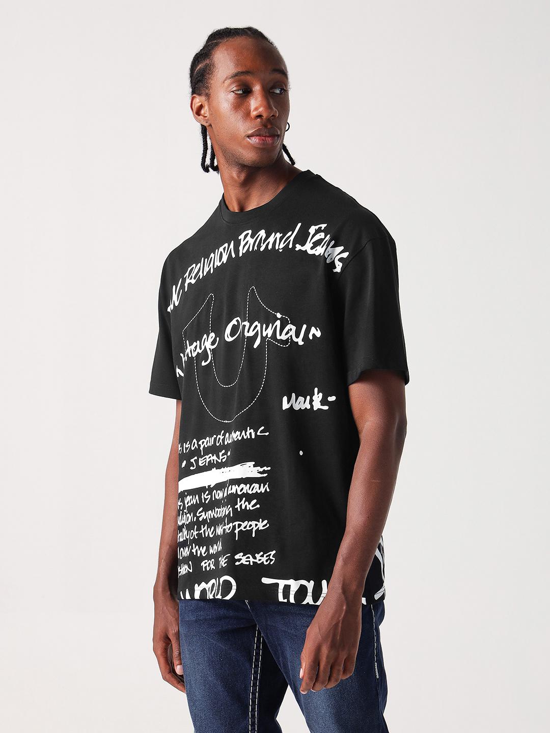 Men black printed round neck tshirt