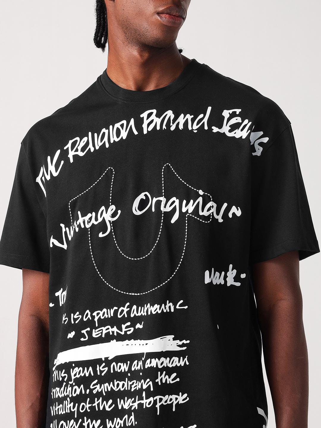 Men black printed round neck tshirt