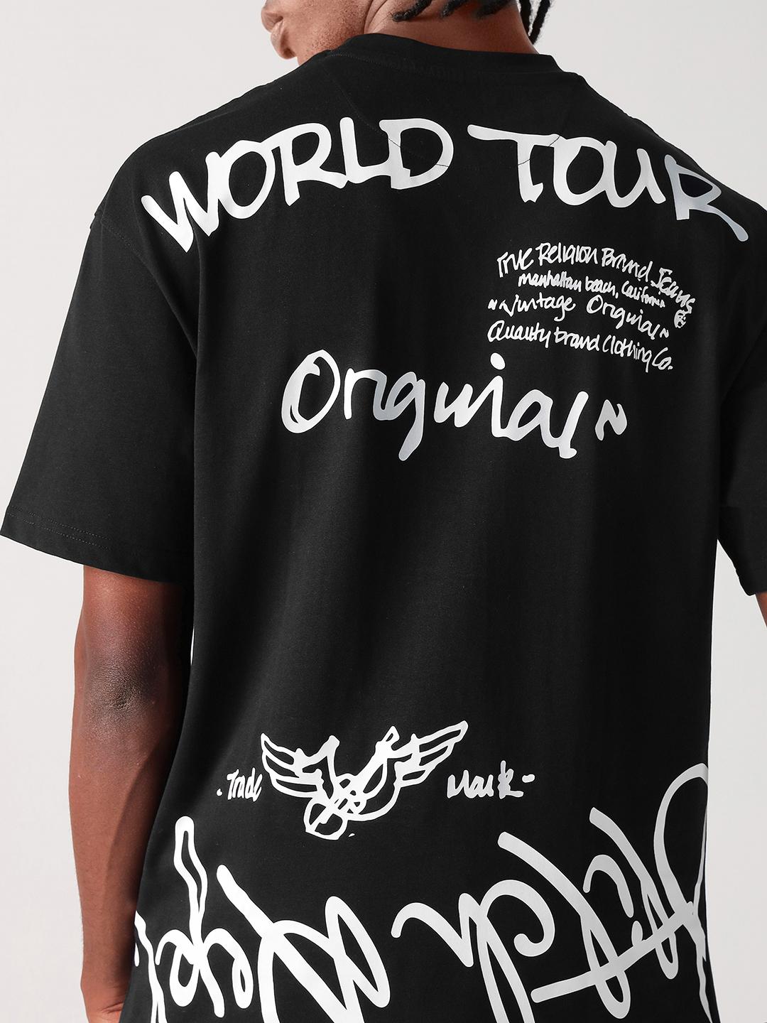 Men black printed round neck tshirt