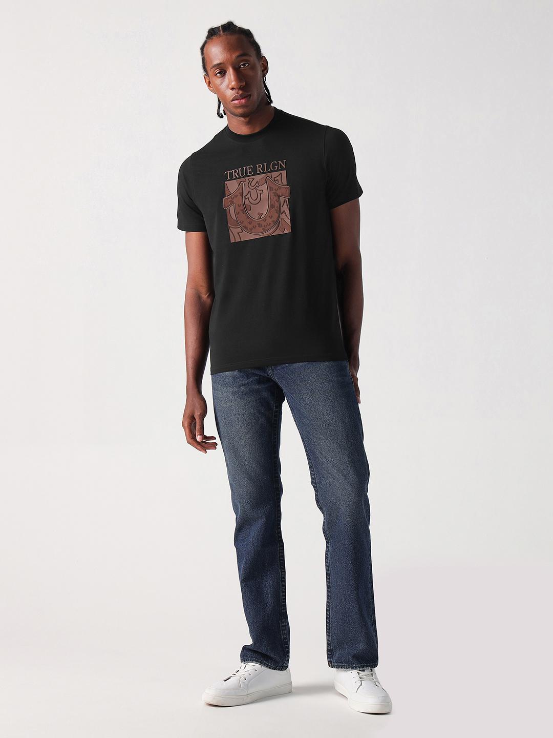 Men black solid round neck tshirt