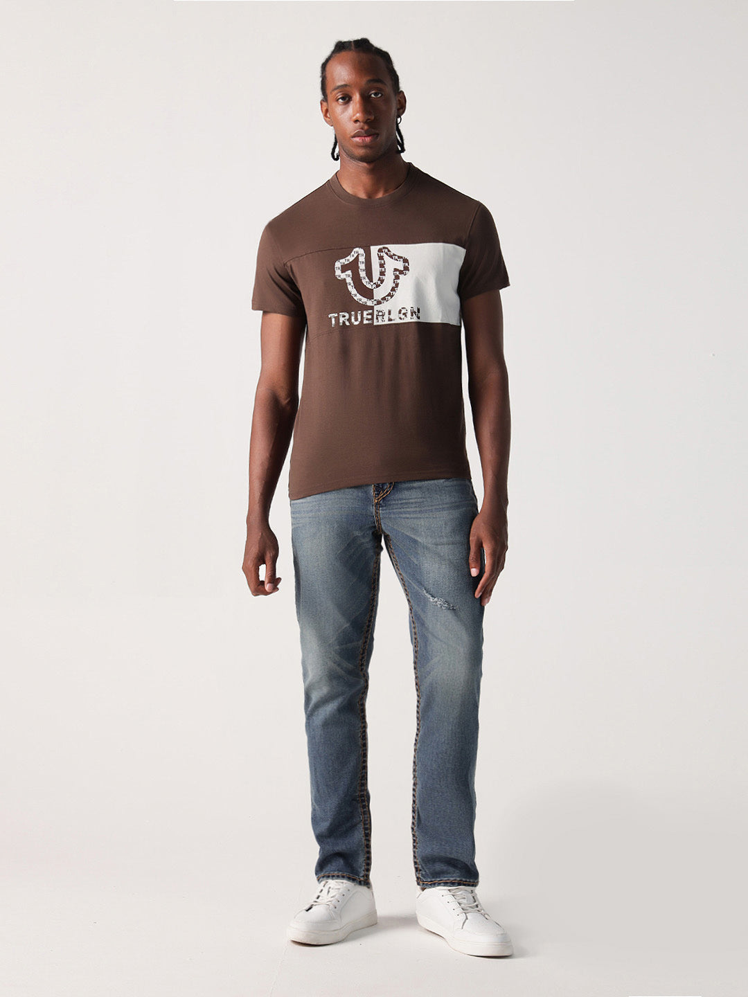True Religion Men Brown Solid Round Neck Tshirt