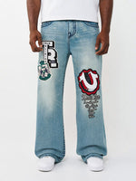 TRUE RELIGION Men Blue Vinny Big T Embroidered Relaxed Fit Jeans