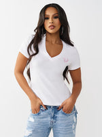 TRUE RELIGION Women White Embellished Slim Fit T-Shirt