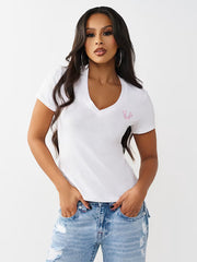 TRUE RELIGION Women White Embellished Slim Fit T-Shirt