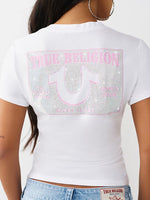 TRUE RELIGION Women White Embellished Slim Fit T-Shirt