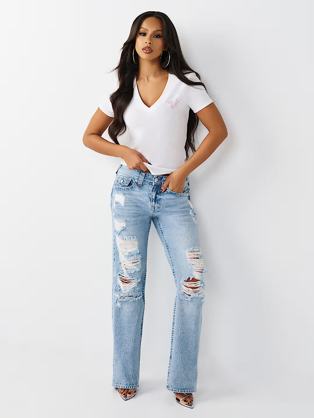 TRUE RELIGION Women White Embellished Slim Fit T-Shirt